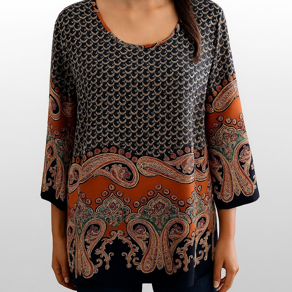 Lorada Paisley & Geometric Print Top with 3/4 Sleeves